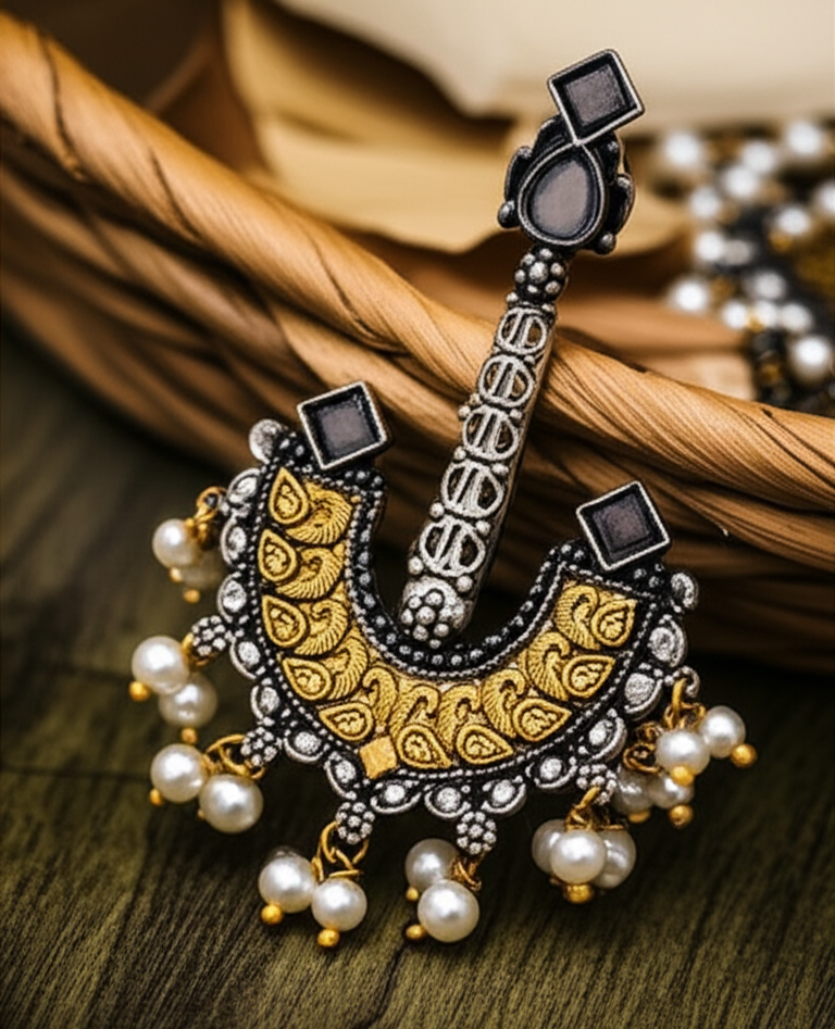 Ornate earring with pearls on a textured surface