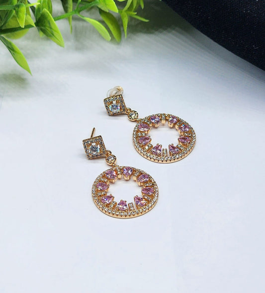 Romantic Gold-Toned Pink Heart & Zirconia Dangle Earrings